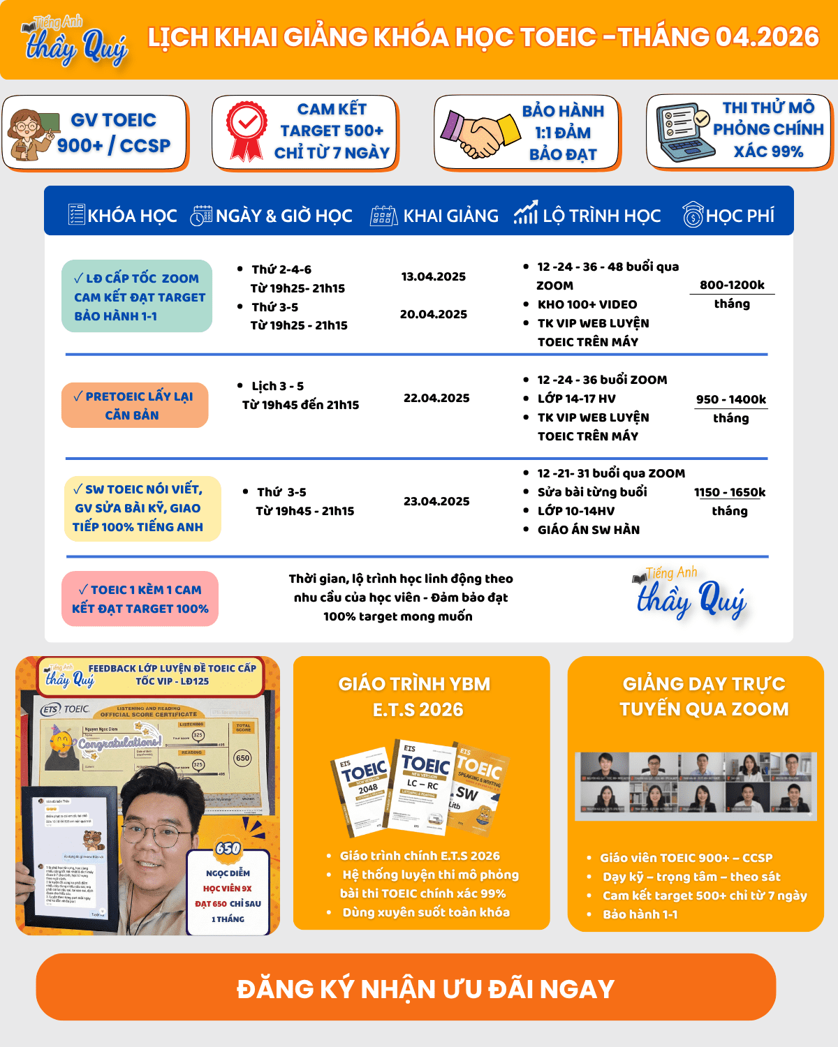 LỊCH KHAI GIẢNG TIẾNG ANH THẦY QUÝ