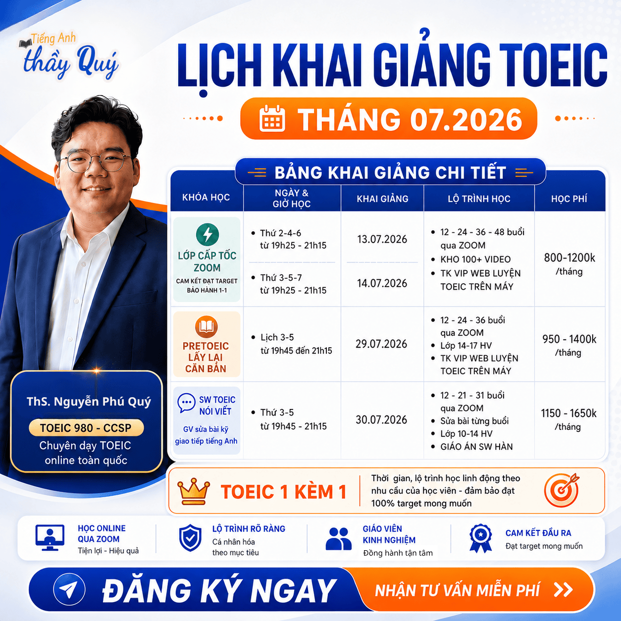 LỊCH KHAI GIẢNG TIẾNG ANH THẦY QUÝ