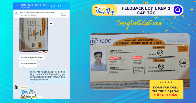 Đoàn Văn Thiệu đạt 545 TOEIC chỉ sau 2 tuần